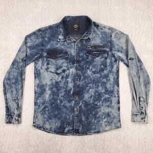 ROK Button Up Shirt Mens XL Dark Blue Acid Wash Long Sleeve Flap Pockets Western